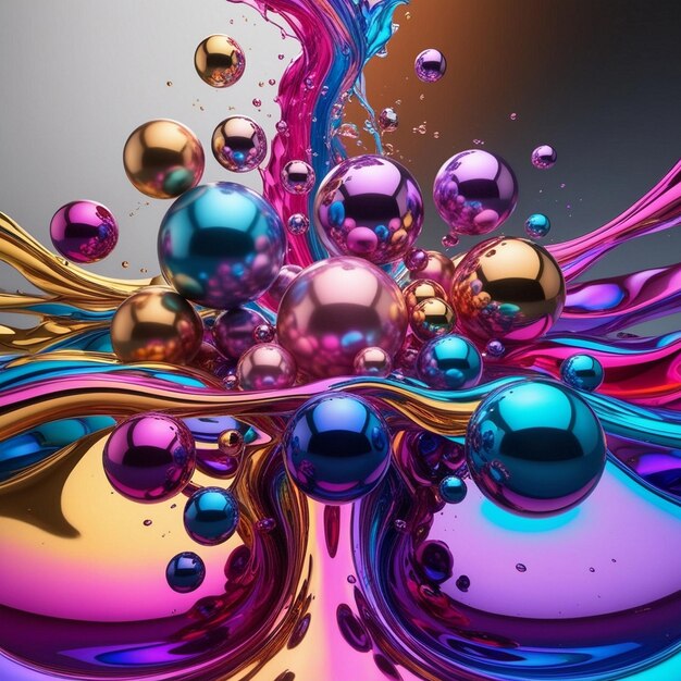 abstract art vibrant colors metallic spheres fluid dynamics iridescent surreal cosmic liquid