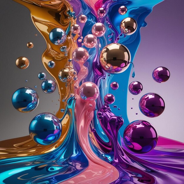 abstract art vibrant colors metallic spheres fluid dynamics iridescent surreal cosmic liquid