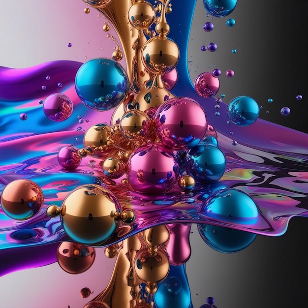 Photo abstract art vibrant colors metallic spheres fluid dynamics iridescent surreal cosmic liquid