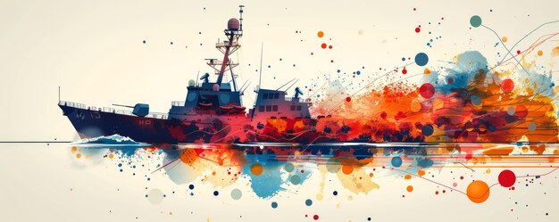 Abstract art of warship with colorful splash design on a serene water backdrop