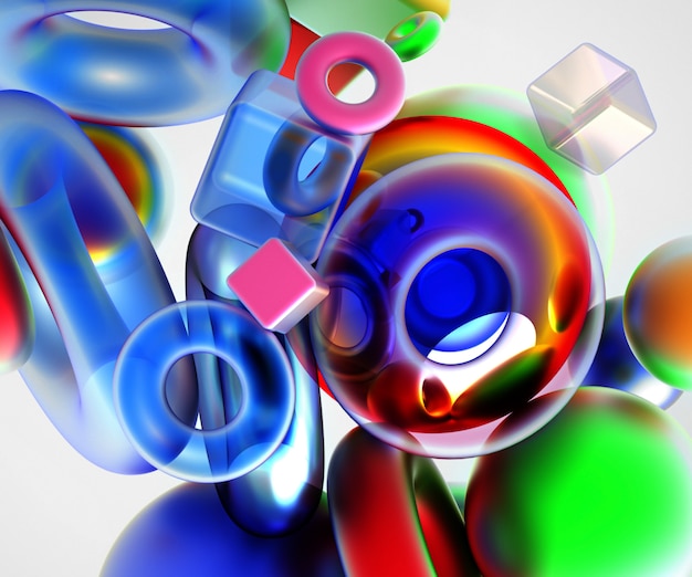 Abstract art with flying geometry figures as cube torus and balls in multi-color