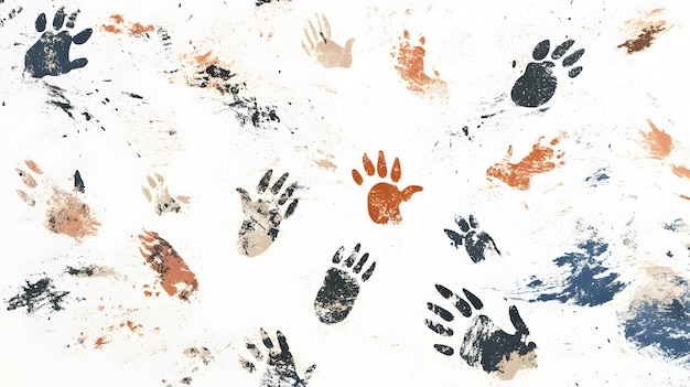 Photo abstract art with hand and paw prints in blue black brown and tan