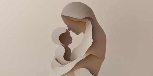 Abstract art of a woman embracing a child using cutout shapes to symbolize emotion