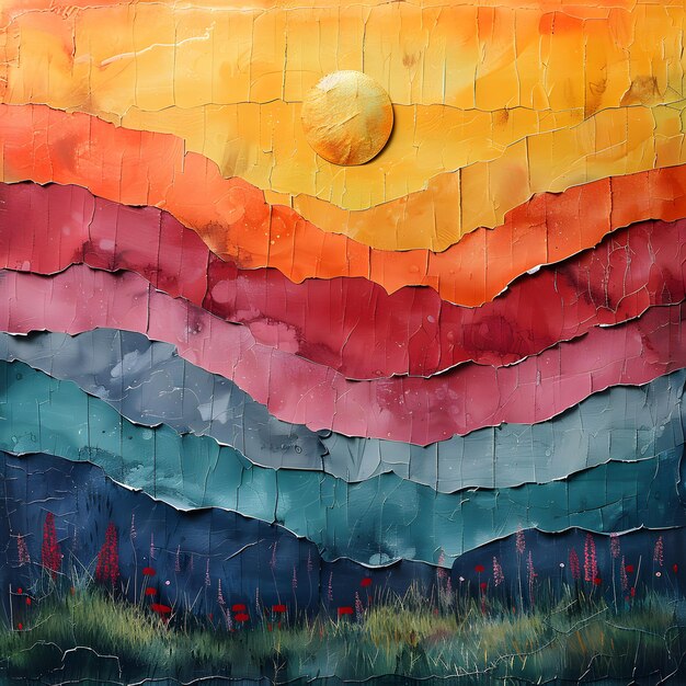 abstract artistic collage with torn deckled paper edges in bright sunset colors colorful mountains