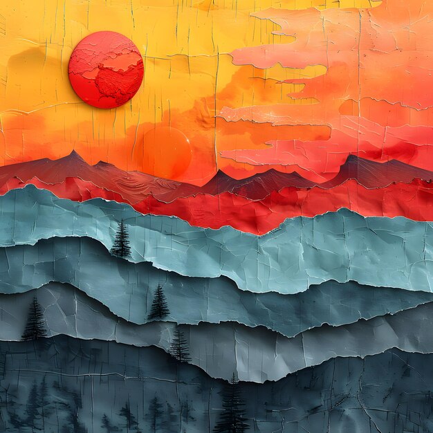 abstract artistic collage with torn deckled paper edges in bright sunset colors colorful mountains