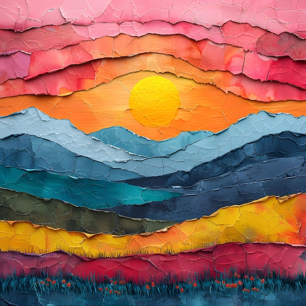 abstract artistic collage with torn deckled paper edges in bright sunset colors colorful mountains