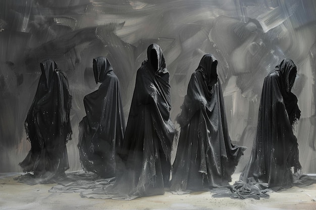 Abstract artistic depiction of mysterious figures in cloaks