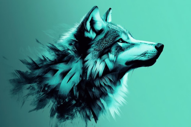 Abstract Artistic Illustration of a Wolf39s Head in Teal and Black