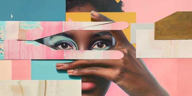 Photo abstract artistic portrait of woman with bold makeup and colorful geometric shapes