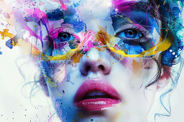 Photo abstract artistic portrait of woman with vibrant colors and paint splashes on face showcasing creative and surreal beauty concept