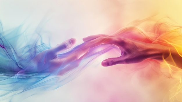 Abstract artistic representation of two reaching hands with vivid color smoke trails