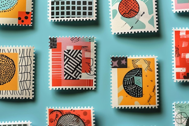 Photo abstract artwork of colorful stamps with geometric patterns vibrant hues dynamic and imaginative de