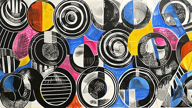 Abstract artwork featuring circular patterns in vibrant colors and monochrome tones