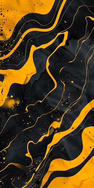 An abstract artwork featuring a dynamic black and orange fluid design perfect for a contemporary