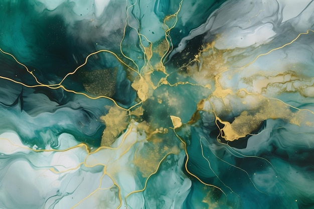 An abstract artwork featuring fluid gold and green watercolors Generative AI