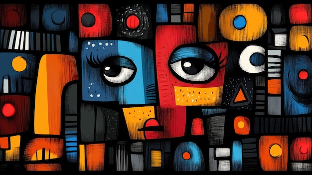 Abstract artwork featuring geometric shapes and expressive eyes