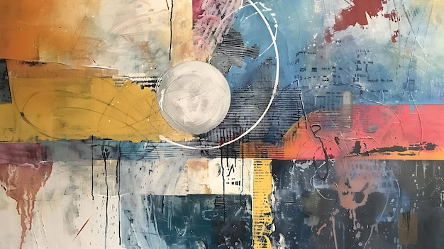 Abstract artwork with bold colors and layered textures featuring a large circular shape in the center