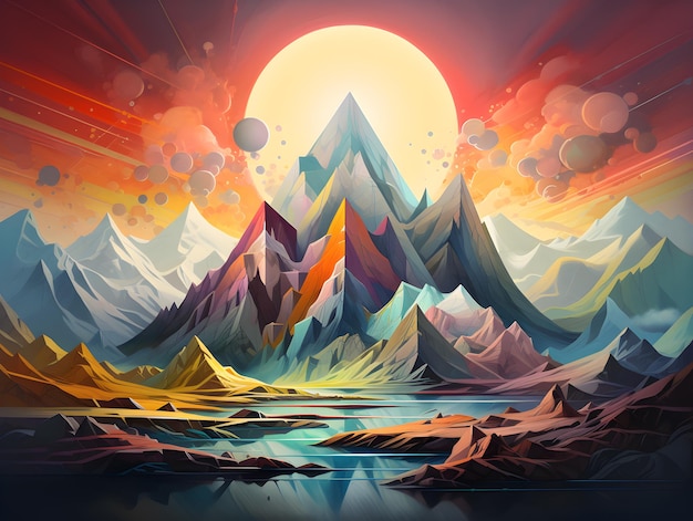 abstract artwork with mountain views in the style of colorful geometric shapes mike campau detail