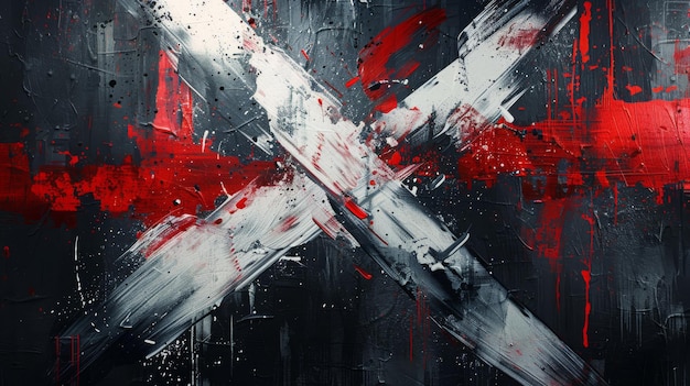 Abstract Artwork with Red and White Strokes on Black Background