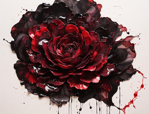 Photo abstract artwork with a single black rose where the fluidity of alcohol ink and blended hues of red