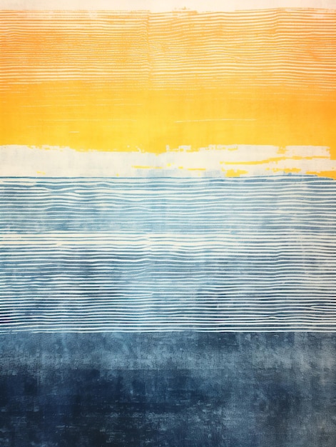 An abstract artwork with textured layers of yellow white and blue resembling a serene seascape