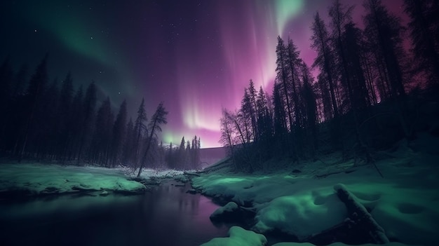 Abstract of aurora in fantastic forest magical purple light Concept of polar scape with mountain