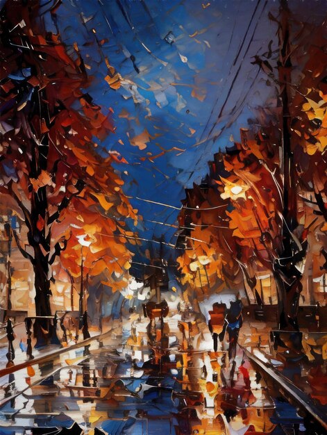 Abstract autumn city rainy day impressionist style painting AI generated background