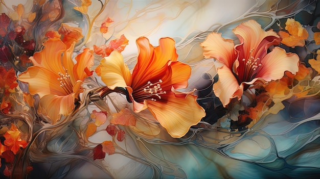 Abstract autumn flowers fluid art Generative AI