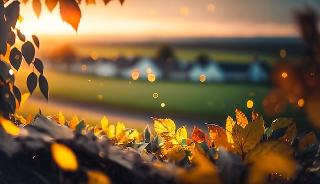 Abstract autumn scene and English country style house village on background beautiful countryside nature with autumnal leaves and bokeh generative ai