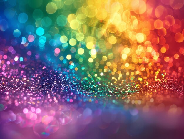 Abstract backdrop shimmers with festive glowing rainbow bokeh lights