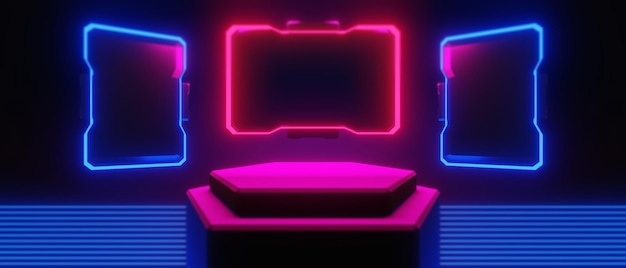 Abstract backgound video game of esports scifi gaming cyberpunk vr virtual reality simulation and metaverse scene stand pedestal stage 3d illustration rendering futuristic neon glow room