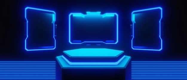 Abstract backgound video game of esports scifi gaming cyberpunk vr virtual reality simulation and metaverse scene stand pedestal stage 3d illustration rendering futuristic neon glow room