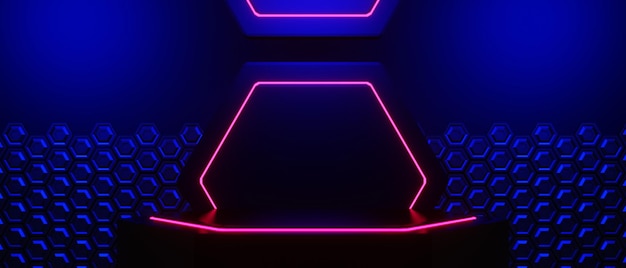 Abstract backgound video game of esports scifi gaming cyberpunk vr virtual reality simulation and metaverse scene stand pedestal stage 3d illustration rendering futuristic neon glow room