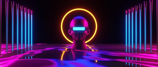 abstract backgound video game of esports scifi gaming cyberpunk, vr virtual reality simulation and metaverse, scene stand pedestal stage, 3d illustration rendering, futuristic neon glow room