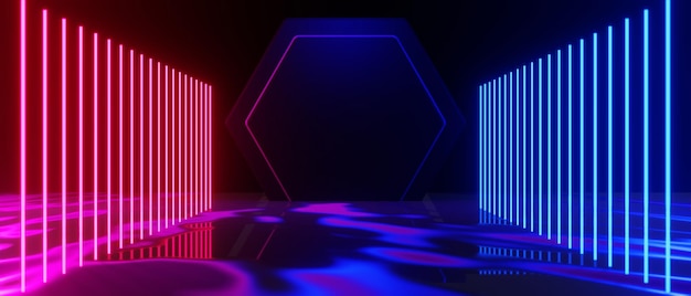 Abstract backgound video game of esports scifi gaming cyberpunk vr virtual reality simulation and metaverse scene stand pedestal stage 3d illustration rendering futuristic neon glow room