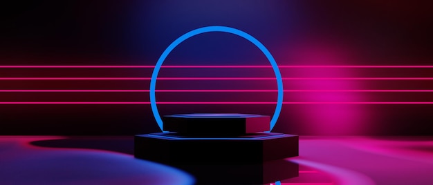 Abstract backgound video game of esports scifi gaming cyberpunk vr virtual reality simulation and metaverse scene stand pedestal stage 3d illustration rendering futuristic neon glow room