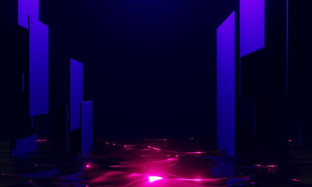 Abstract backgound video game of esports scifi gaming cyberpunk vr virtual reality simulation and metaverse scene stand pedestal stage 3d illustration rendering futuristic neon glow room