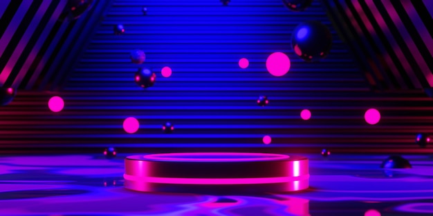 Abstract backgound video game of esports scifi gaming cyberpunk vr virtual reality simulation and metaverse scene stand pedestal stage 3d illustration rendering futuristic neon glow room