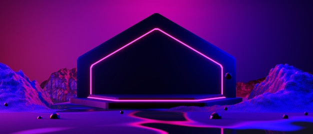 Abstract backgound video game of esports scifi gaming cyberpunk vr virtual reality simulation and metaverse scene stand pedestal stage 3d illustration rendering futuristic neon glow room