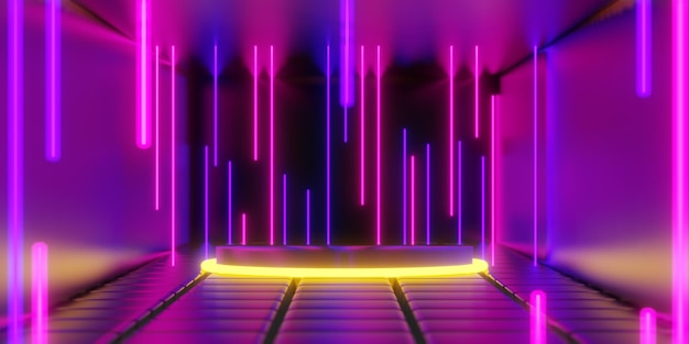 Abstract backgound video game of scifi gaming cyberpunk vr virtual reality simulation and metaverse scene stand pedestal stage 3d illustration rendering futuristic neon glow room