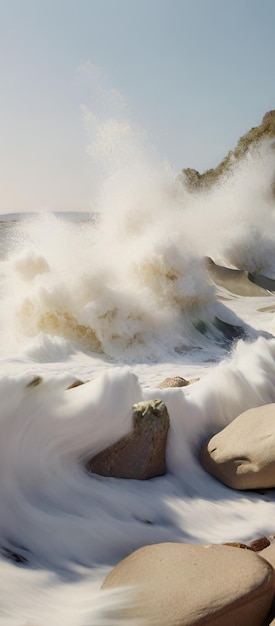 abstract background 3d Big waves hit the beach rocks