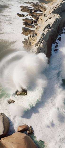 abstract background 3d rendering aerial view of huge waves hitting coastal rocks