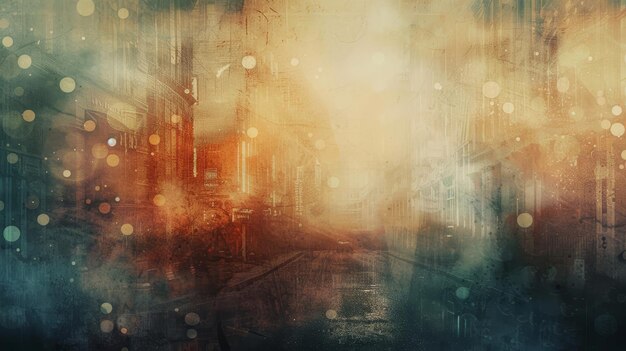 Abstract background blending foggy cityscapes and distressed textures with glowing light effects