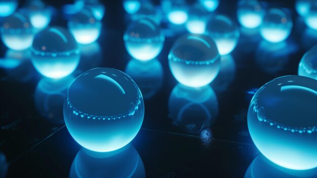 Photo abstract background blue glowing balls on metallic black background 3d wallpaper