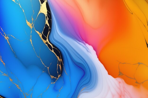 Abstract background of blue white and orange liquid with gold veins