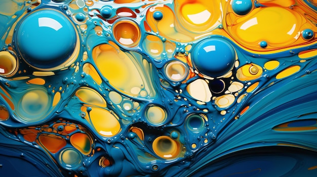 Abstract background of blue and yellow bubbles of oil in liquid Generated AI