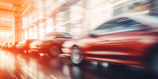 Photo abstract background of blurred new cars dealership place