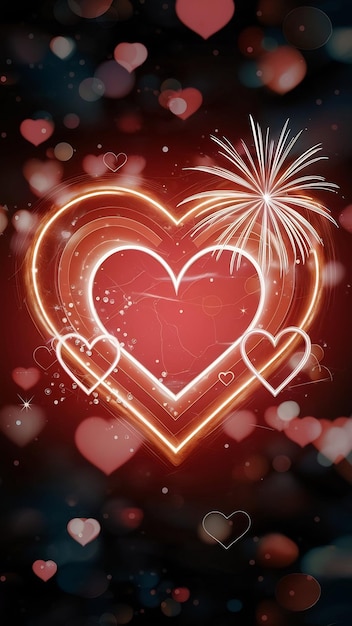 Abstract background of bright bokeh lights and hearts with fireworks