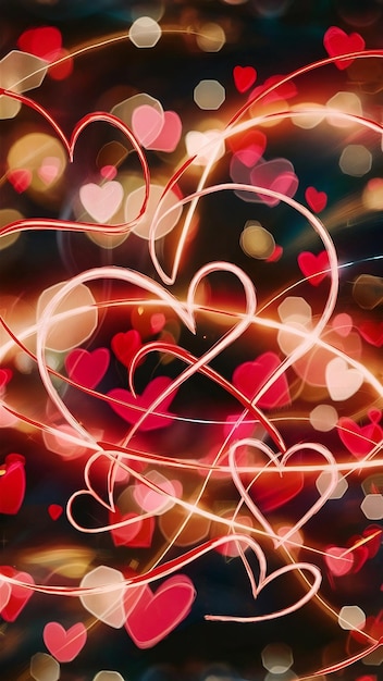 Abstract background of bright bokeh lights and hearts