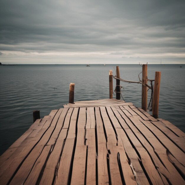 Photo abstract background of brown wooden dock near calm body of water surrounded by